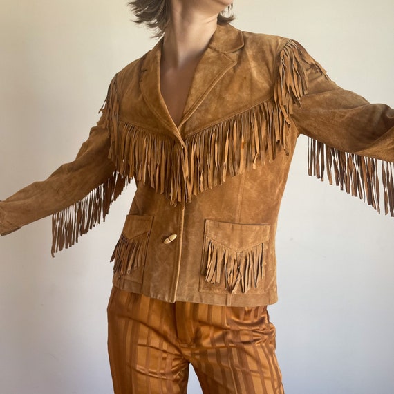 70s Brown Suede Jacket Western Fringe Coat Fall T… - image 1