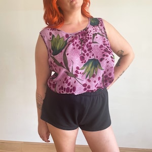 90s Blouse Printed Floral Tank Blouse Sheer Purple Airbrush Style Floral Green Print image 1