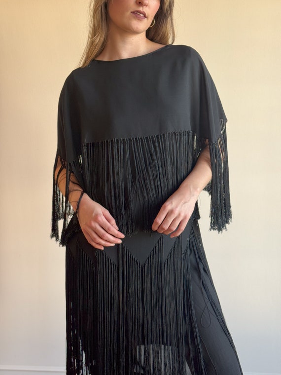 50s Black Fringe Dress Asymmetric Flapper Dress S… - image 5