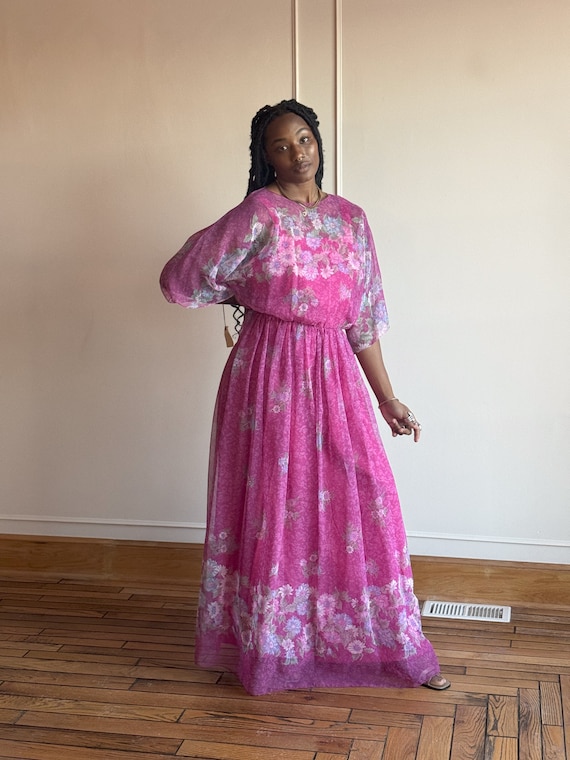 fitted lace wedding dress Caroline Garden Romance Magenta Floral Print Maxi Dress main image 1