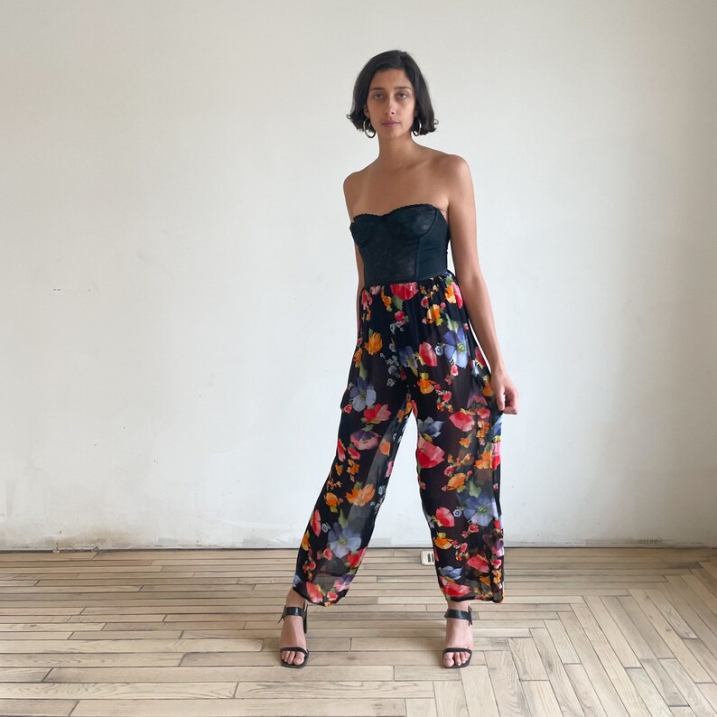 90s Sheer Floral Printed Pants High Waist Wide Leg Pants Noir Bright Flower Print Rouge Bleu Orange image 8