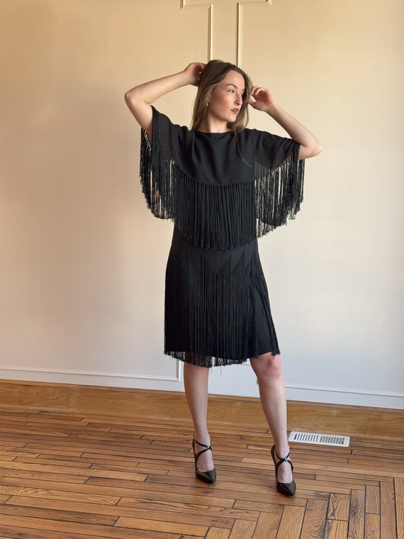 50s Black Fringe Dress Asymmetric Flapper Dress S… - image 7