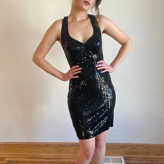 90s Mini Dress Sequin Black Bodycon Dress Halter … - image 2