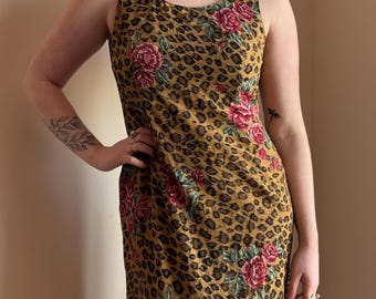 90s Leopard Print Midi Dress – Y2K Red Rose Floral, Size 10