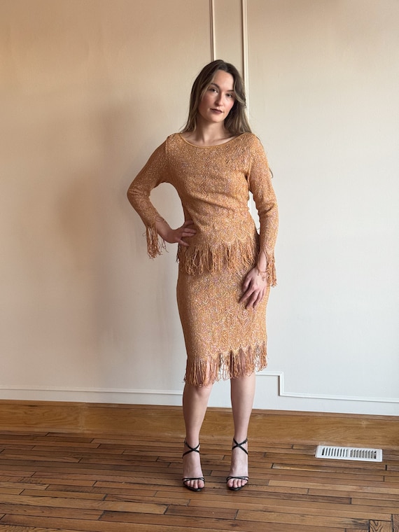 90s Crochet Knit Fringe Set – Gold Glitter Spandex Top & Skirt - Etsy