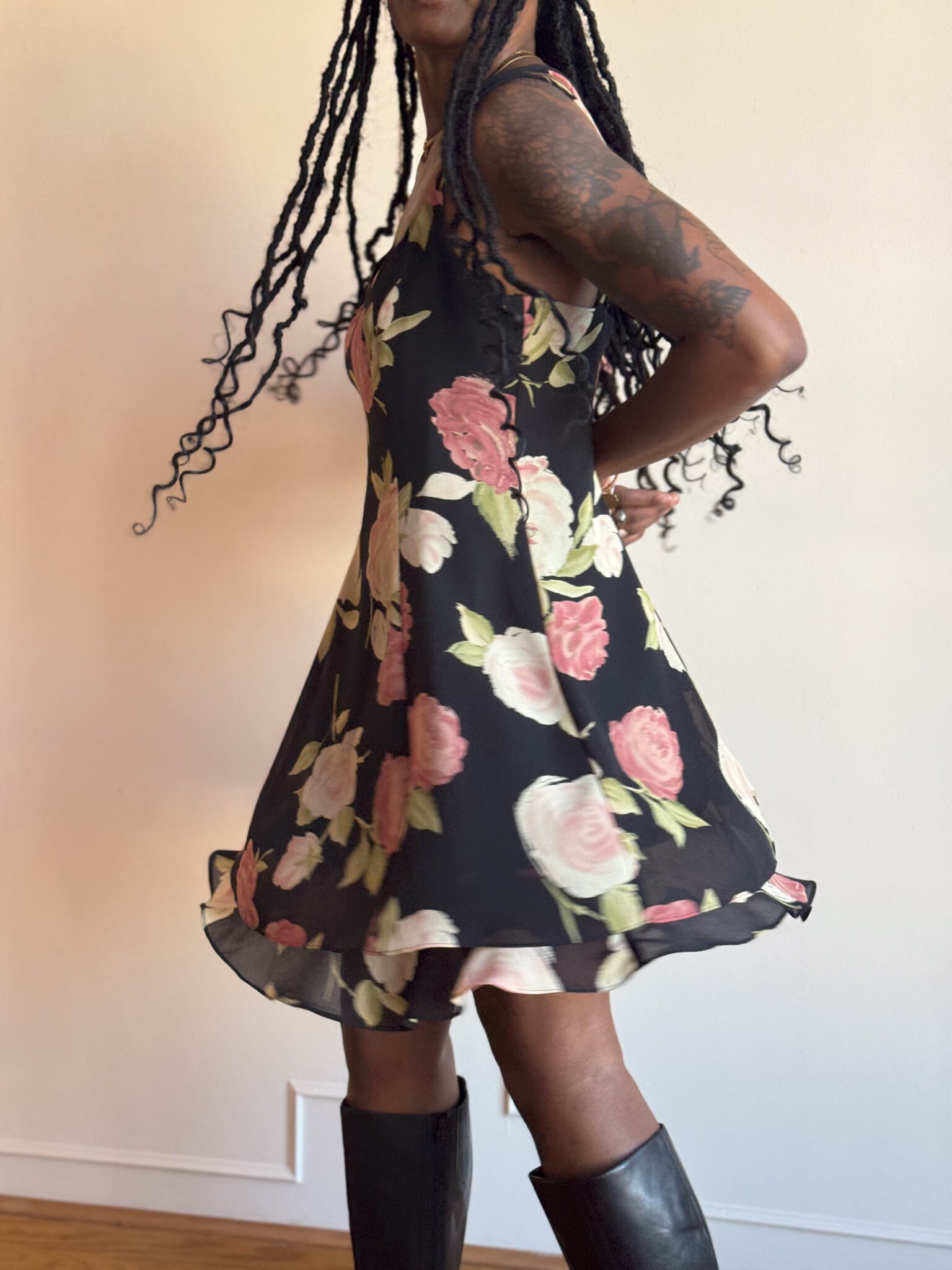 90s Floral Babydoll Dress - Black Pink Rose Print Mini with Scarf