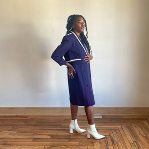 80s Midi Dress Navy White Striped Dress Wrap Double Breasted Dress Collared Long Sleeve Epaulet Covered Button image 8