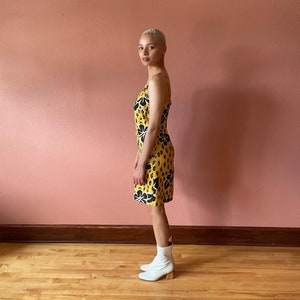 00s Y2K Mini Dress Tropical Summer Dress Hibiscus Print Yellow Cheetah Print Mini Dress Silk Dress image 7