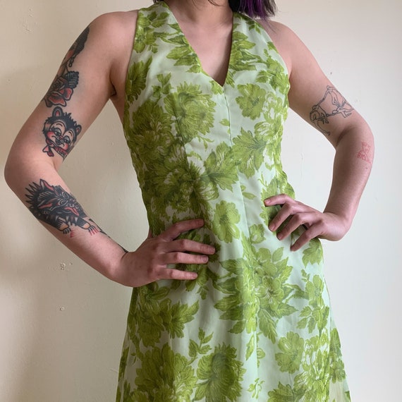 70s Maxi Dress Light Green Floral Chiffon Dress O… - image 4