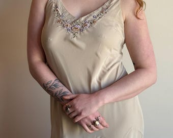 90s Sleeveless Champagne Slip Dress with Floral Beading Around the Neckline Flowy Handkerchief Hem