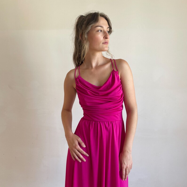 70s Dress Hot Pink Disco Dress Strappy Open Back Full Skirt Cowl Neck Gathered Cinched Waist Midi Dress image 7
