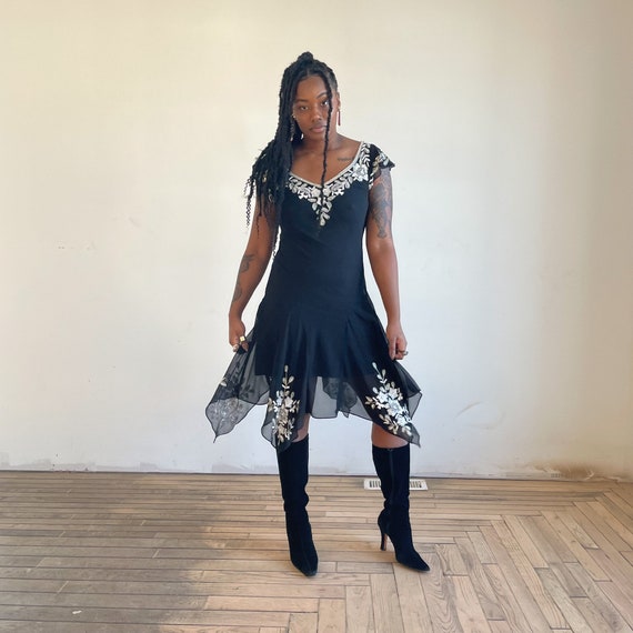 00s Y2K Black Sheer Dress Midi Flapper 