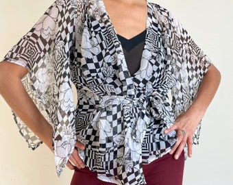 Y2K 00s Top Sheer Silk Blouse Floral Abstract Checker Print