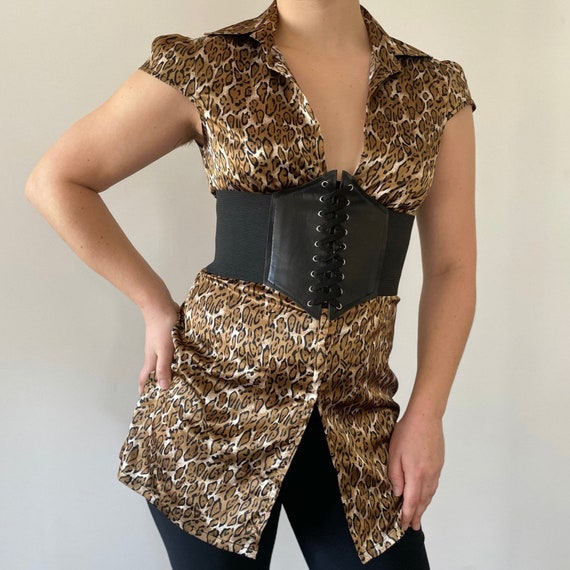 Y2K Guess Jeans Leopard Print Blouse – Deep V-Nec… - image 3