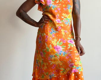 Y2K Silk Floral Midi Dress – Orange Polka Dot Ruffle - Jones New York