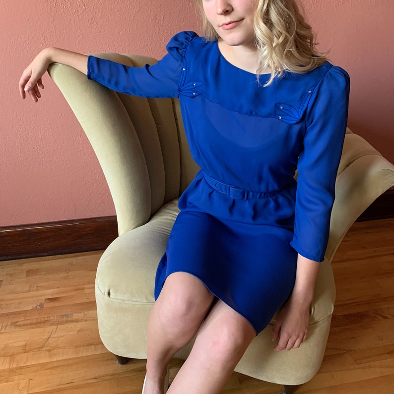 70s Blue Dress Rhinestone Embellished Floral Applique Sailor Collar Dress Puff Sleeve 34 Sleeve Sheer Belted Knee Length Dress