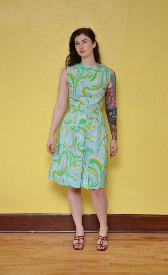 60s Pastel Swirl Print Mod Mini Dress Blue Green … - image 2