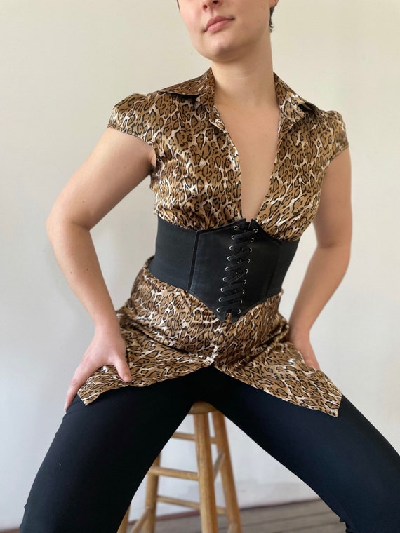 Y2K Guess Jeans Leopard Print Blouse – Deep V-Nec… - image 1