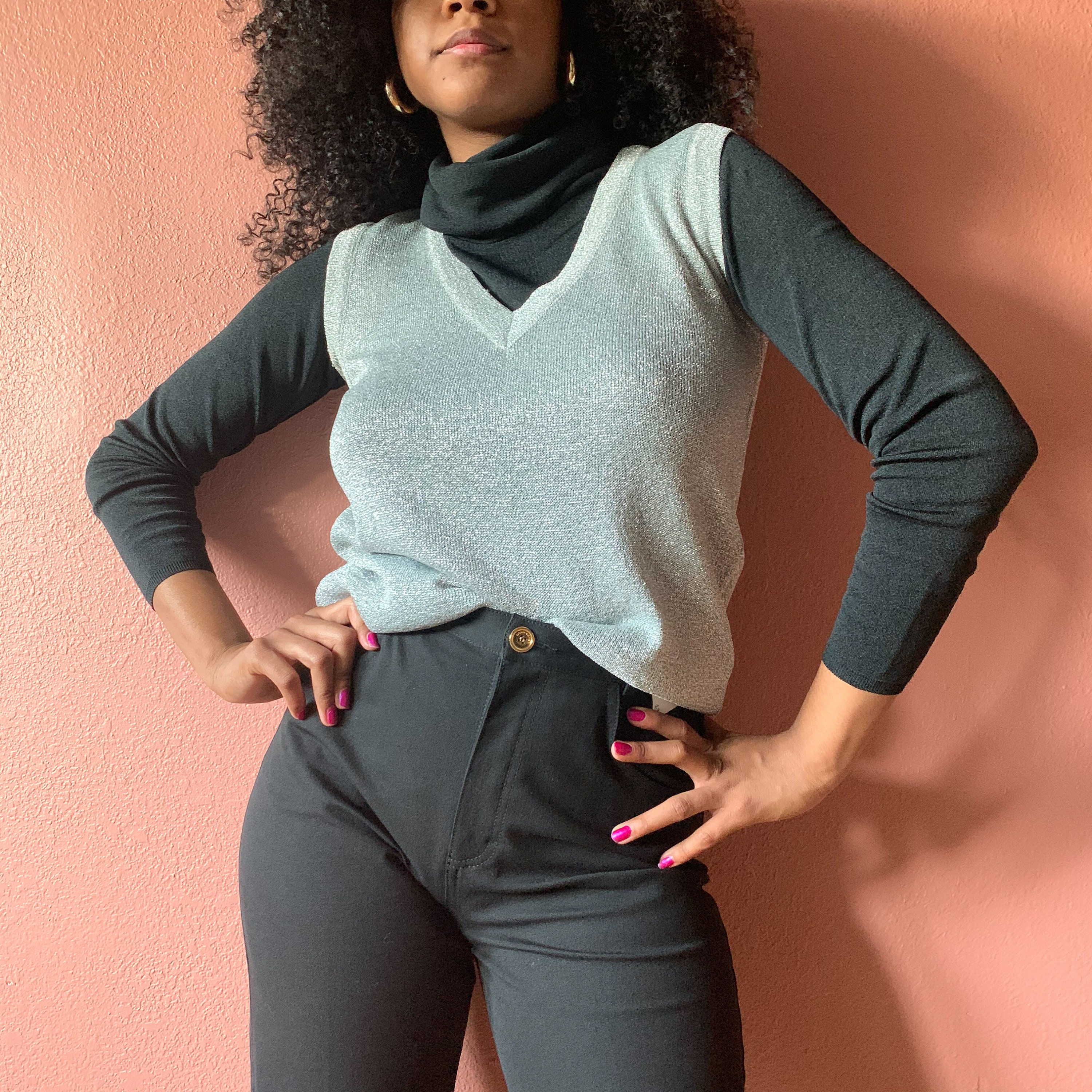 70s Metallic Silver Sweater Vest Lurex 
