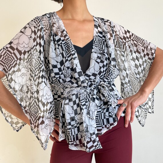 Y2K 00s Top Sheer Silk Blouse Floral Abstract Checker Print
