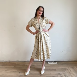 40s Silk Dress Floral Midi Dress Illusion Sweetheart Neckline Short Sleeve Fit and Flare Jacquard Damask Button Dress Pockets Full Skirt image 2