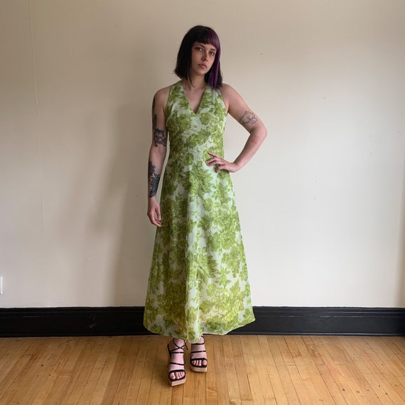 70s Maxi Dress Light Green Floral Chiffon Dress O… - image 8