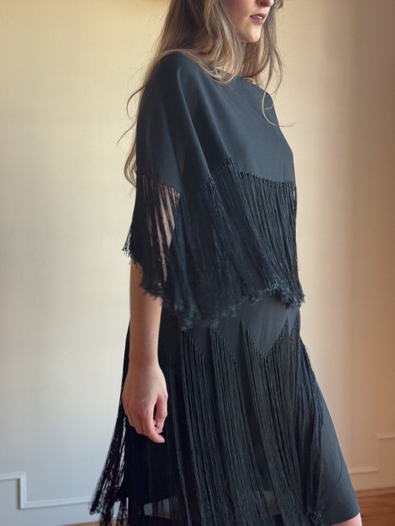 50s Black Fringe Dress Asymmetric Flapper Dress S… - image 4