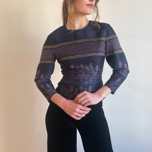 90s Blouse Tailored Long Sleeve Top Abstract Pattern Green Purple Navy Winter Top Holiday NYE image 3