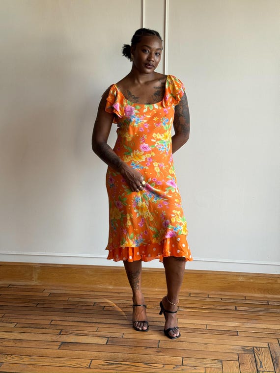 orange floral midi dress Jacquard - All dresses front closure Short sleeves Orange Multi Floral Jacquard Midi