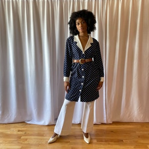 80s Dress Navy White Polka Dot Jacket Style Dress Dramatic Collar Long Sleeve Cuff Large White Buttons Front Pockets image 3