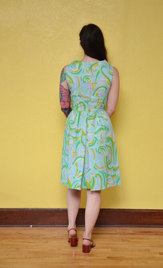 60s Pastel Swirl Print Mod Mini Dress Blue Green … - image 9