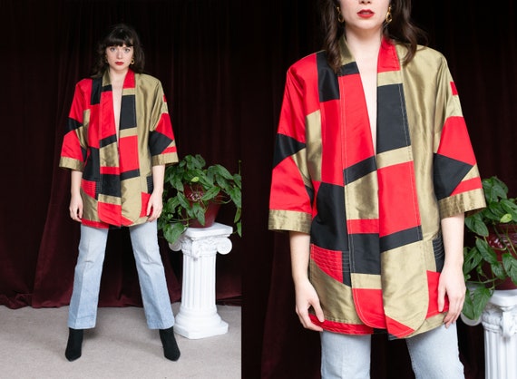 80s Silk Kimono Cape jacket Red Black & Metallic G