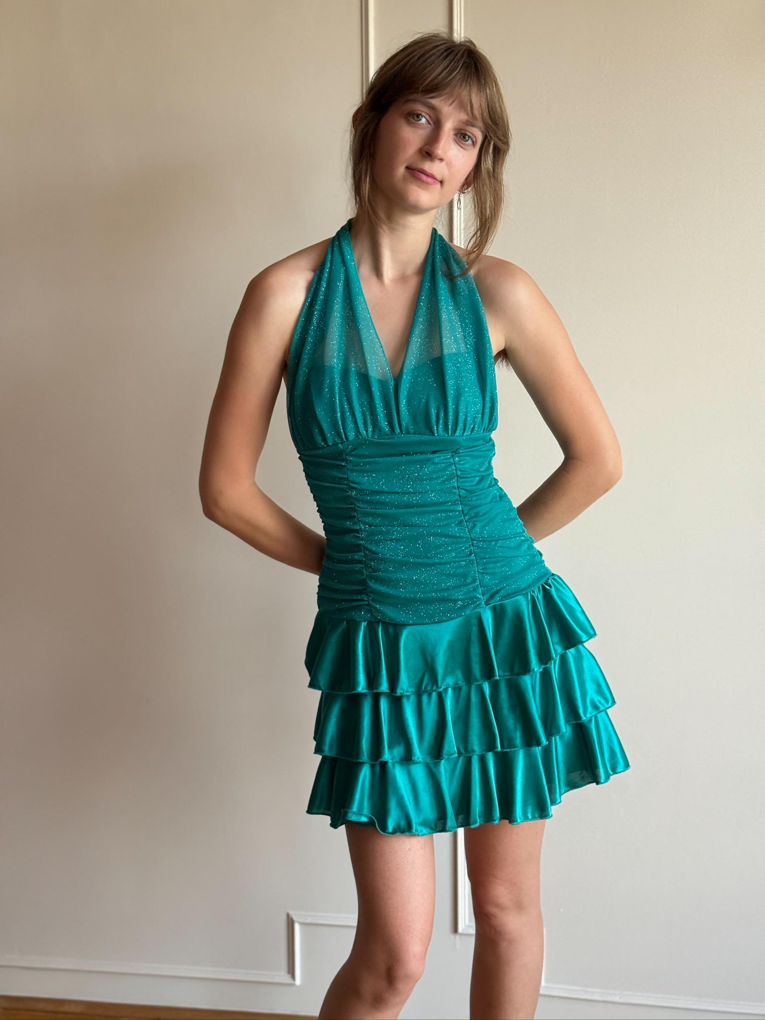 Y2K XOXO Teal Sparkle Halter Mini Dress - Ruched Ruffle