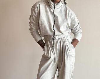 80s 90s comfy cotton jumpsuit gray mock turtleneck harem pants belted high waist long sleeve athleisure romper oversized