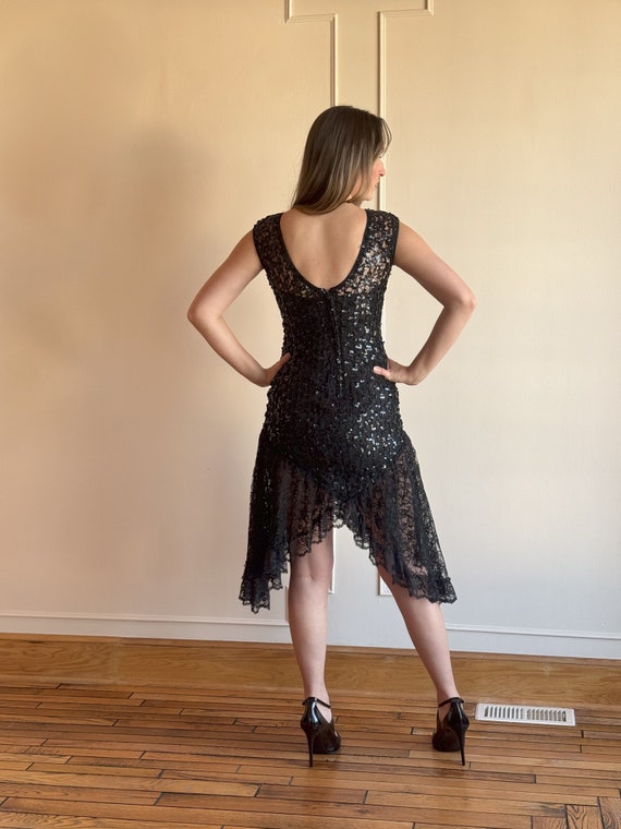 80s Black Sequin Mini Dress Lace High Low Hemline… - image 10