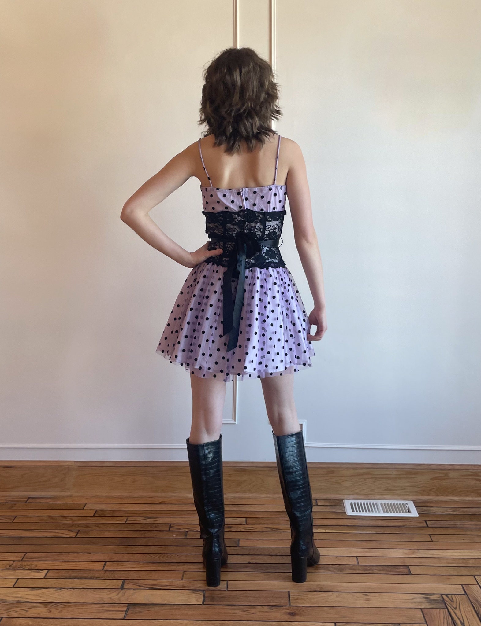 90s 00s Polka Dot Tulle Mini Dress / Purple Black Lace