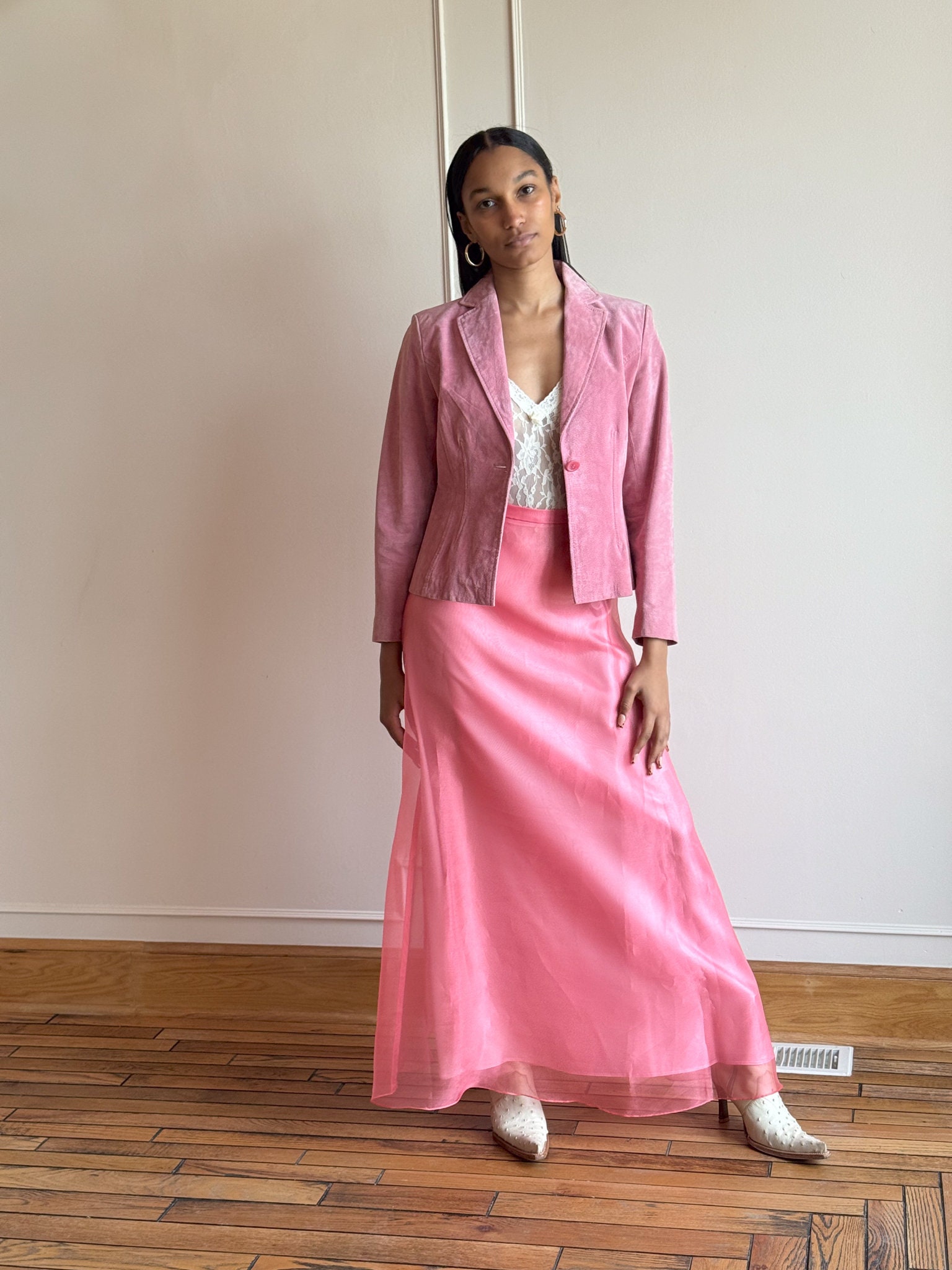 00s Y2k Soft Pink Suede Jacket Blazer Coat Tuxedo Leather