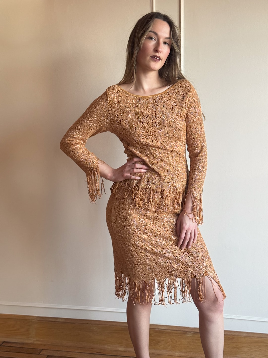 90s Crochet Knit Fringe Set – Gold Glitter Spandex Top & Skirt - Etsy
