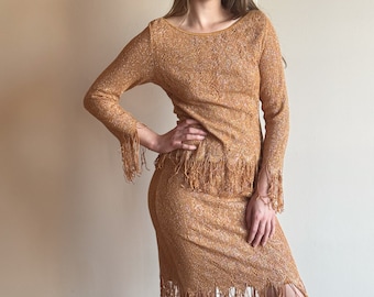 90s Crochet Knit Fringe Set – Gold Glitter Spandex Top & Skirt - Etsy