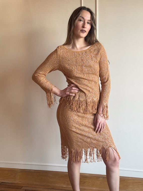 90s Fringe Glitter Embellished Crochet Knit Pale Gold Spandex Sexy