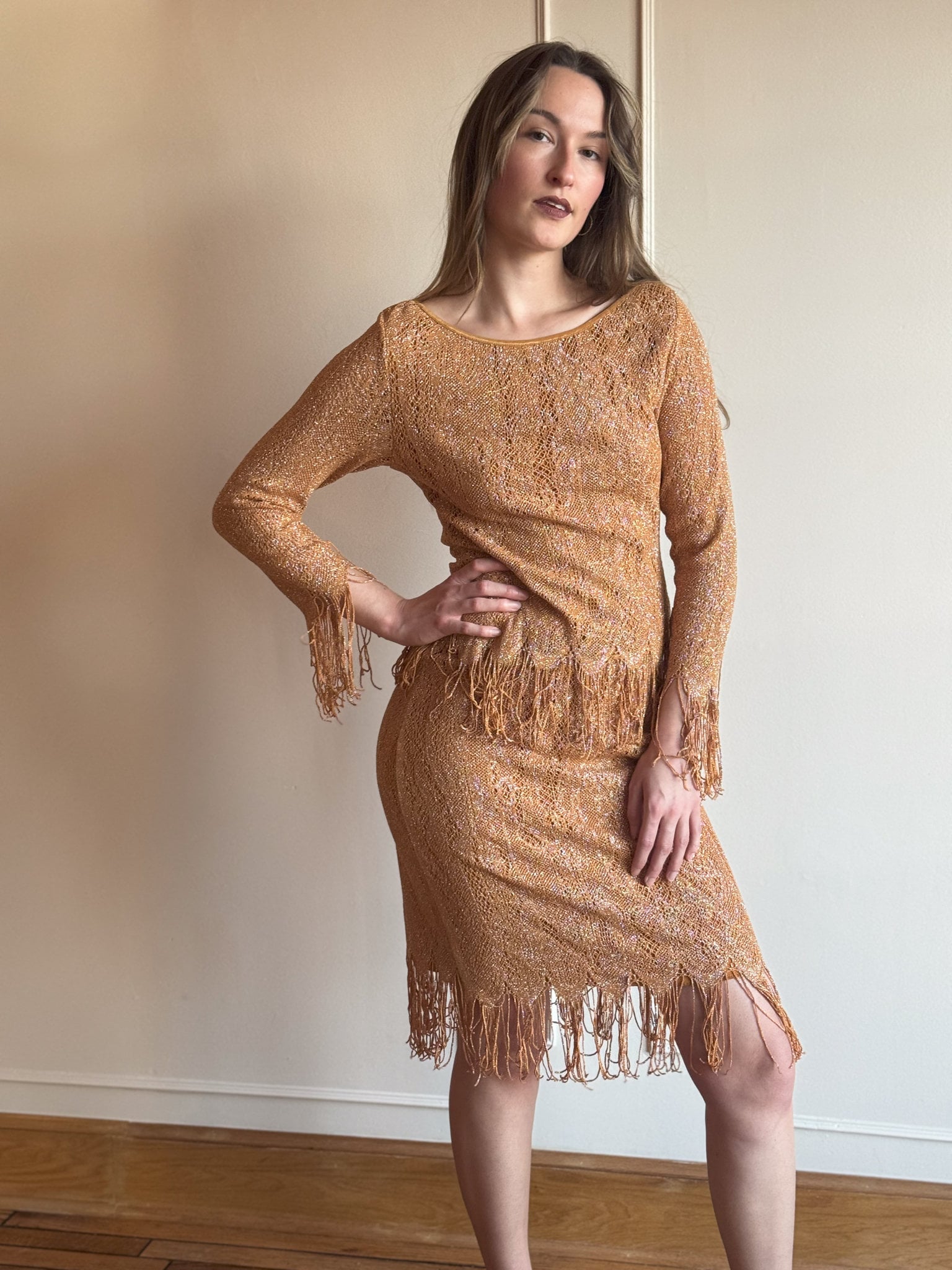 90s Crochet Knit Fringe Set – Gold Glitter Spandex Top & Skirt - Etsy
