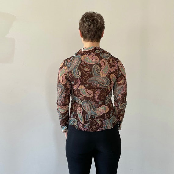 00s Y2K Button Down Blouse Paisley Top Brown Blue Pink