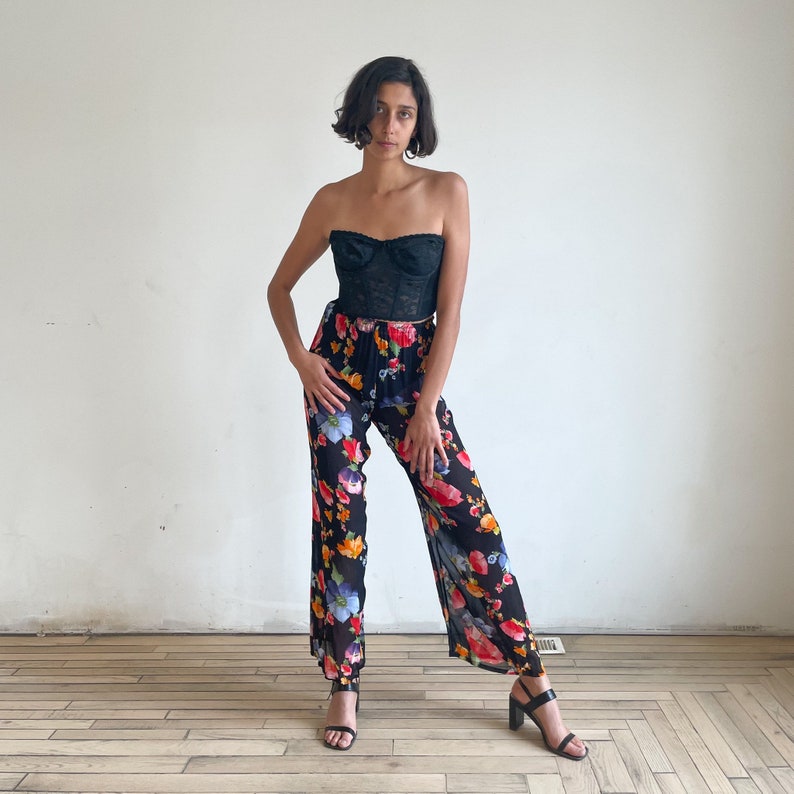 90s Sheer Floral Printed Pants High Waist Wide Leg Pants Noir Bright Flower Print Rouge Bleu Orange image 7