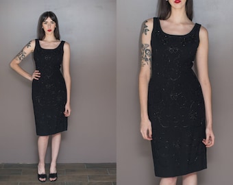 50s Beaded Party Dress Black Wiggle Dress 1950s 1960s Silk Sleeveless Dress Beaded Embellished Holiday Midi Dress Little Black Dress