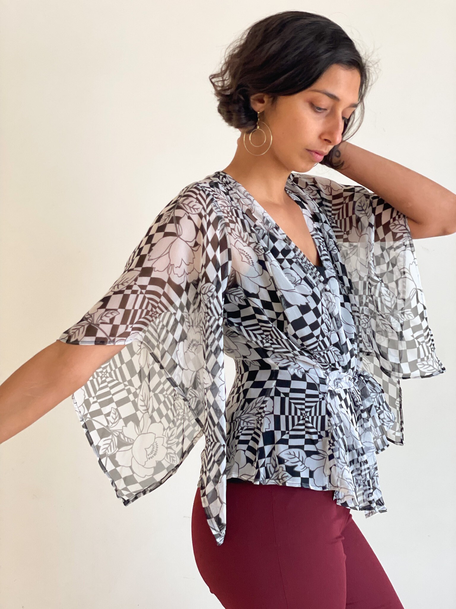 Y2K 00s Top Sheer Silk Blouse Floral Abstract Checker Print