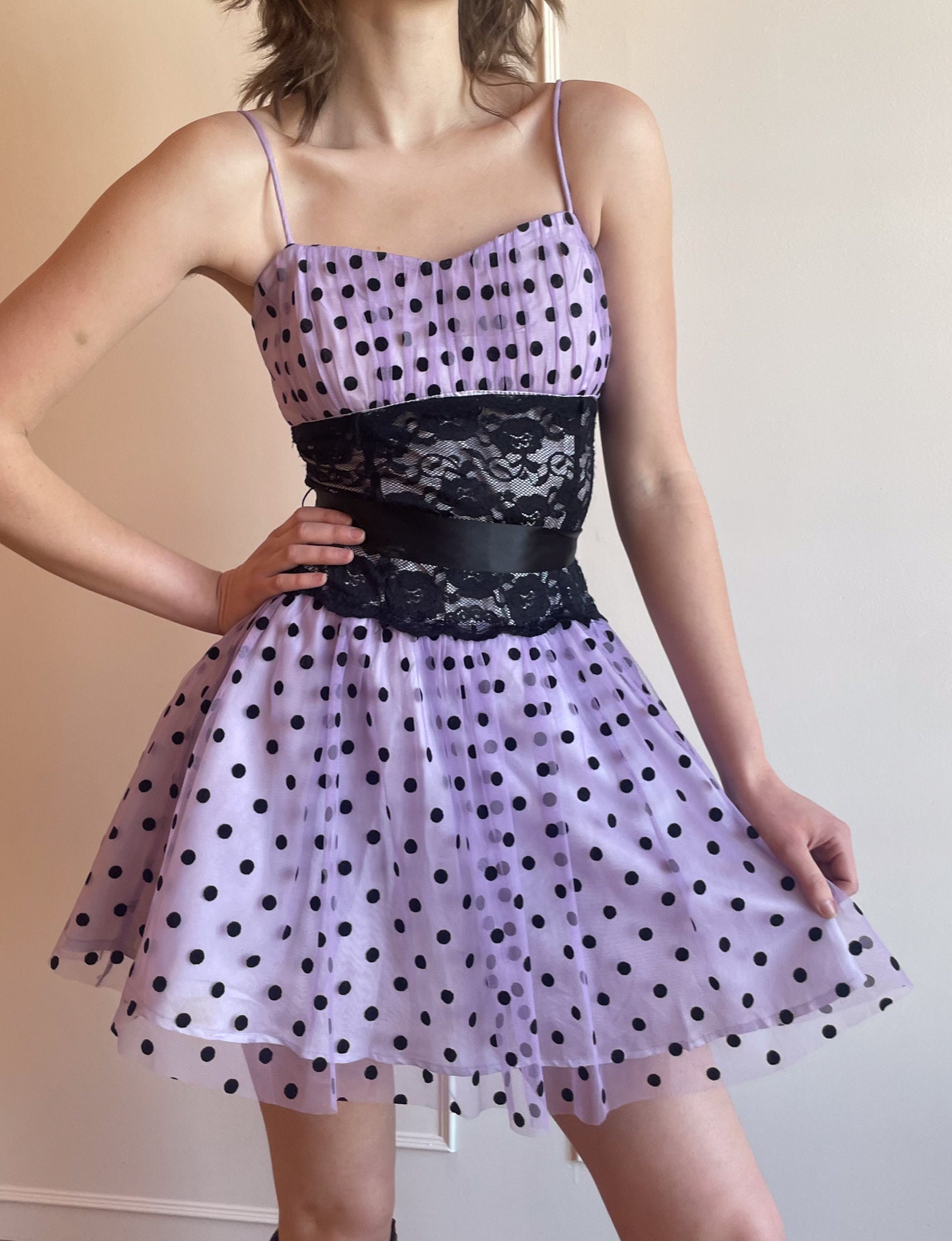 purple polka dot prom dress 90s Polka Dot Tulle Mini Dress – Purple Lace Sweetheart Prom Dress