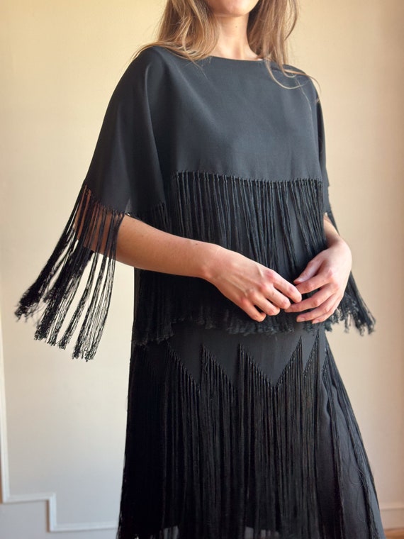 50s Black Fringe Dress Asymmetric Flapper Dress S… - image 1