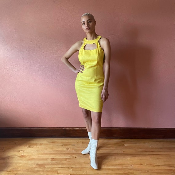 80s Dress Bright Yellow Bodycon Dress Linen Yello… - image 1