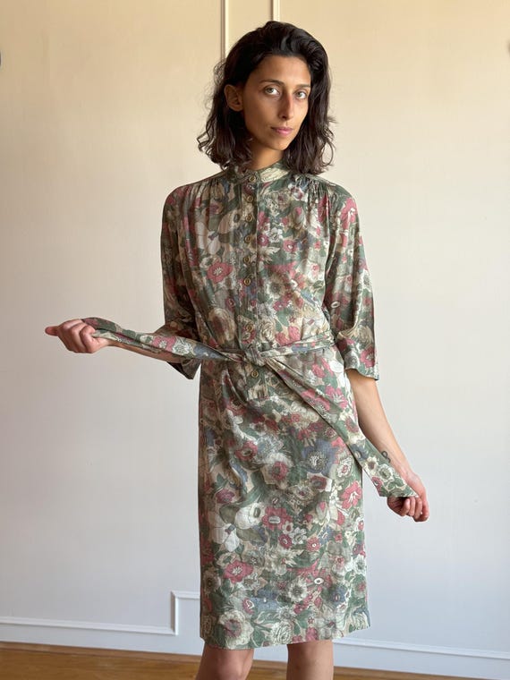 70s Anne Klein Floral Cotton Tunic Dress  Green Henley Midi - Etsy Israel