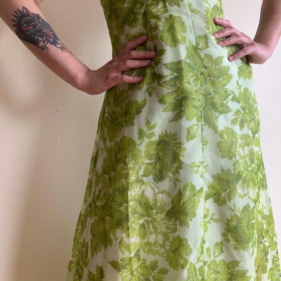 70s Maxi Dress Light Green Floral Chiffon Dress O… - image 7